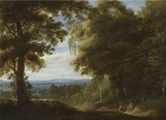 A Wooded Landscape with Two Hunters Resting beside a Track