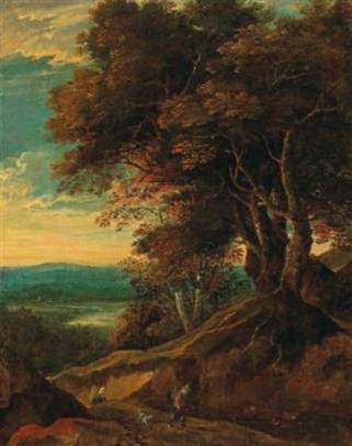 A Hilly, Tree-clustered Landscape with Travellers