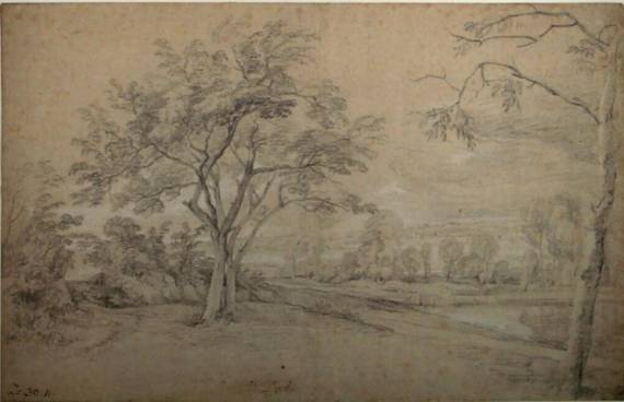 Hilly Landscape with Trees at the bank of a River