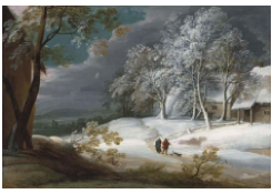 Work 6018: A Winter Landscape with Figures and a Dog on a Track, Cottages beyond