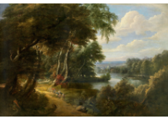 Work 6052: A Wooded Landscape in the Foret de Soignes with a Lake and Travellers