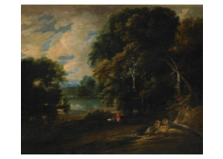 Work 6116: Forest and Lake with Two Figures and Swans