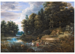 Work 6399: A Wooded River Landscape with Shepherds and their Flock Resting