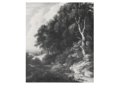 Work 6495: Wooded Landscape with Peasant and his Dog resting on Path by Stream