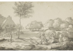 A Family Resting in the Open opposite a Farmhouse