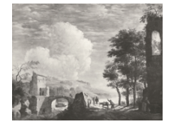 Work 6731: Rocky Italianate Wooded Landscape with Peasants by a Bridge