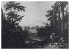 Work 6800: Wooded Landscape with View of a Town and Figures at the Foot of Ruins