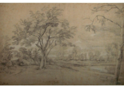 Hilly Landscape with Trees at the bank of a River